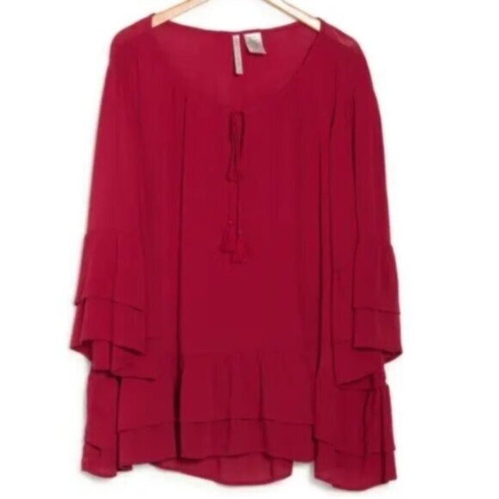 NEW Forgotten Grace Red Ruffle Tunic Bohemian Business Casual Dressy Blouse 1X
